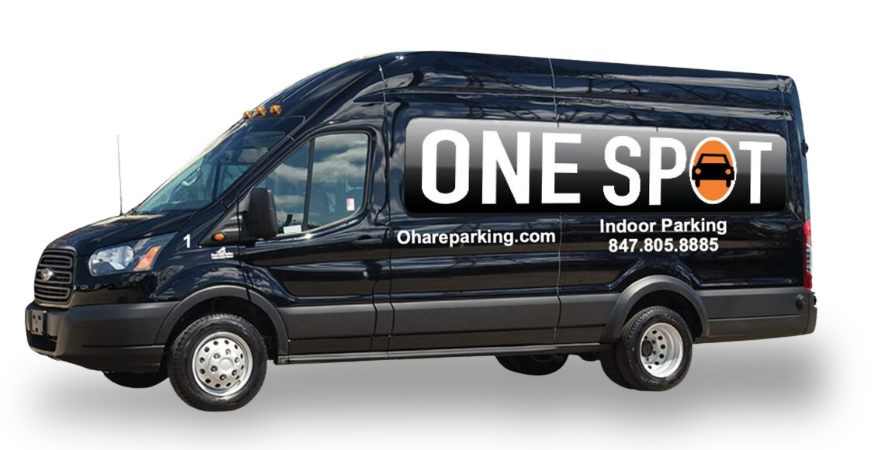 Black shuttle van labeled “ONE SPOT” for O’Hare indoor parking service.